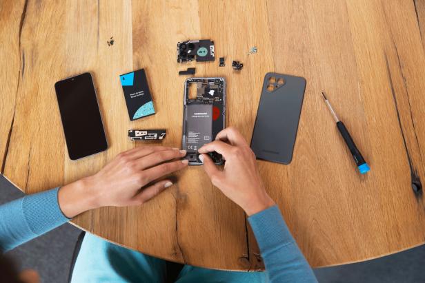 Fairphone disassembled with modular components